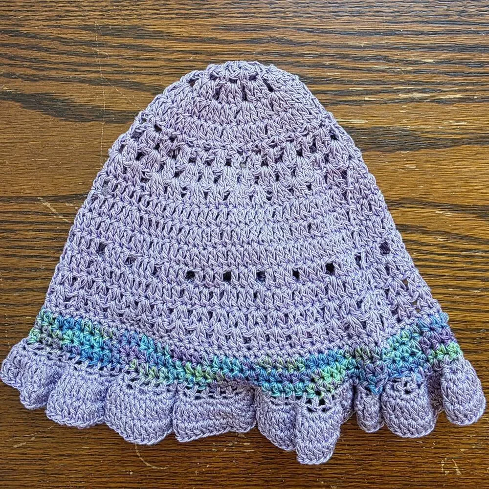 Y2K Bucket Hat Handmade Knit Floral 90s Crochet Purple Green Feminine‎ Statement